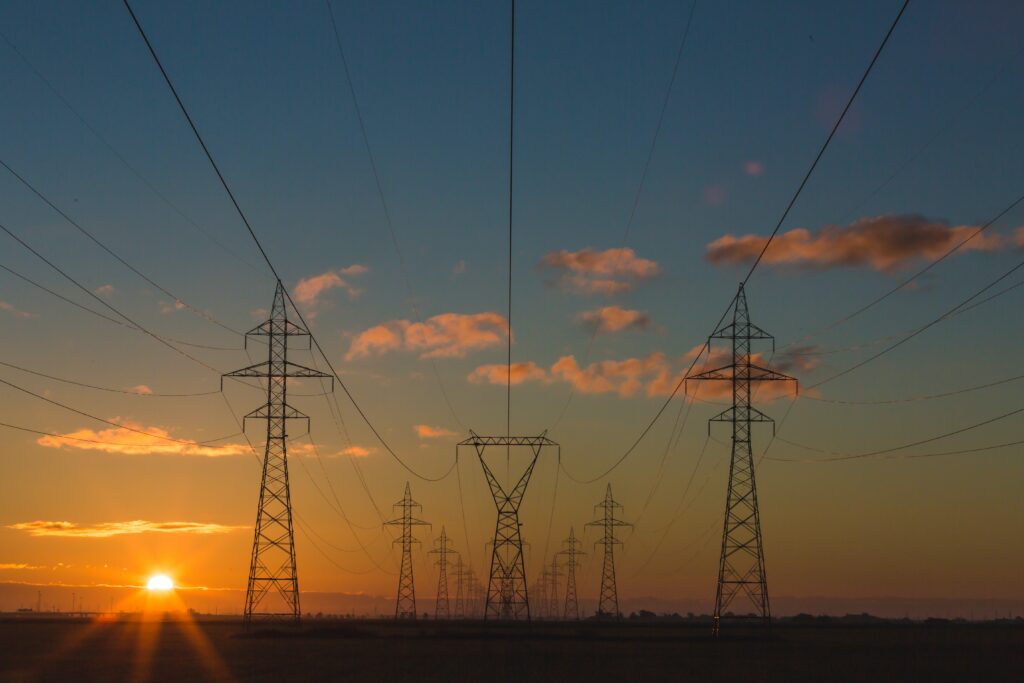image of the electricity grid at sunset